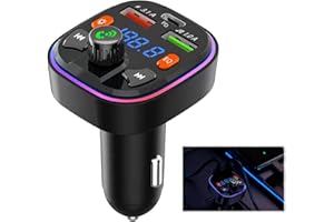 Car Bluetooth Transmitter, 5.0 FM Bluetooth Car Adapter, PD 20W & Type-C QC 3.0 Bass & Hi-Fi Stereo Fast Charging, with 2 Usb
