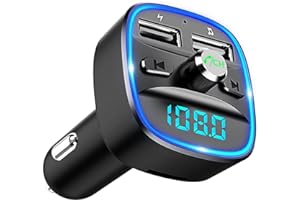 Bluetooth FM Transmitter for Car, Blue Ambient Ring Light, Wireless Radio, Receiver Adapter Kit with Handsfree